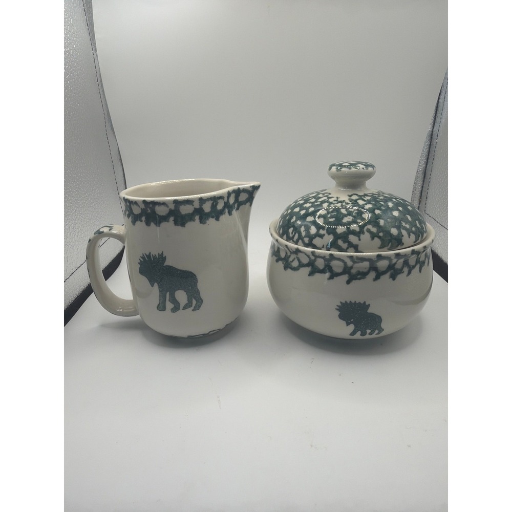 VINTAGE FOLK CRAFT MOOSE COUNTRY GREEN TIENSHAN SPONGEWARE SUGAR & CREAMER